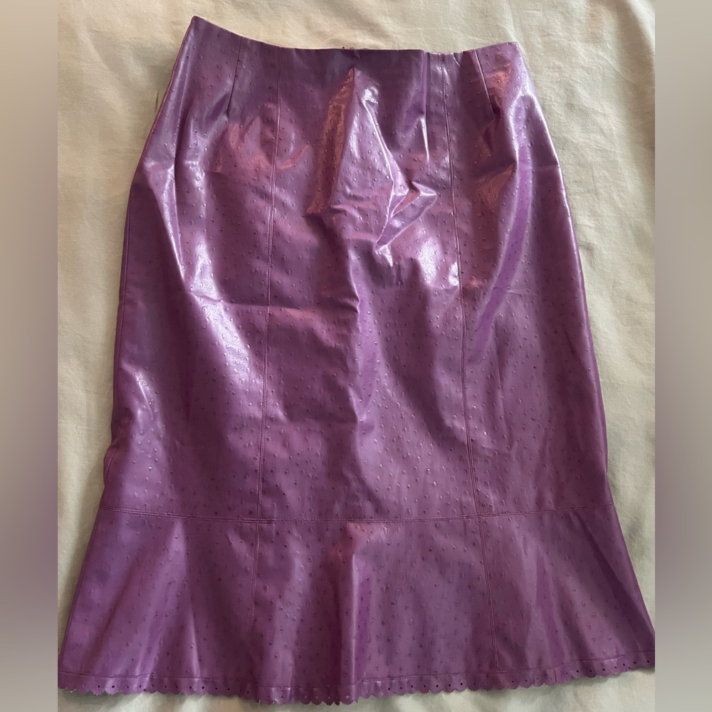vintage purple leather/ostrich look scalloped bottom midi skirt, fully lined
